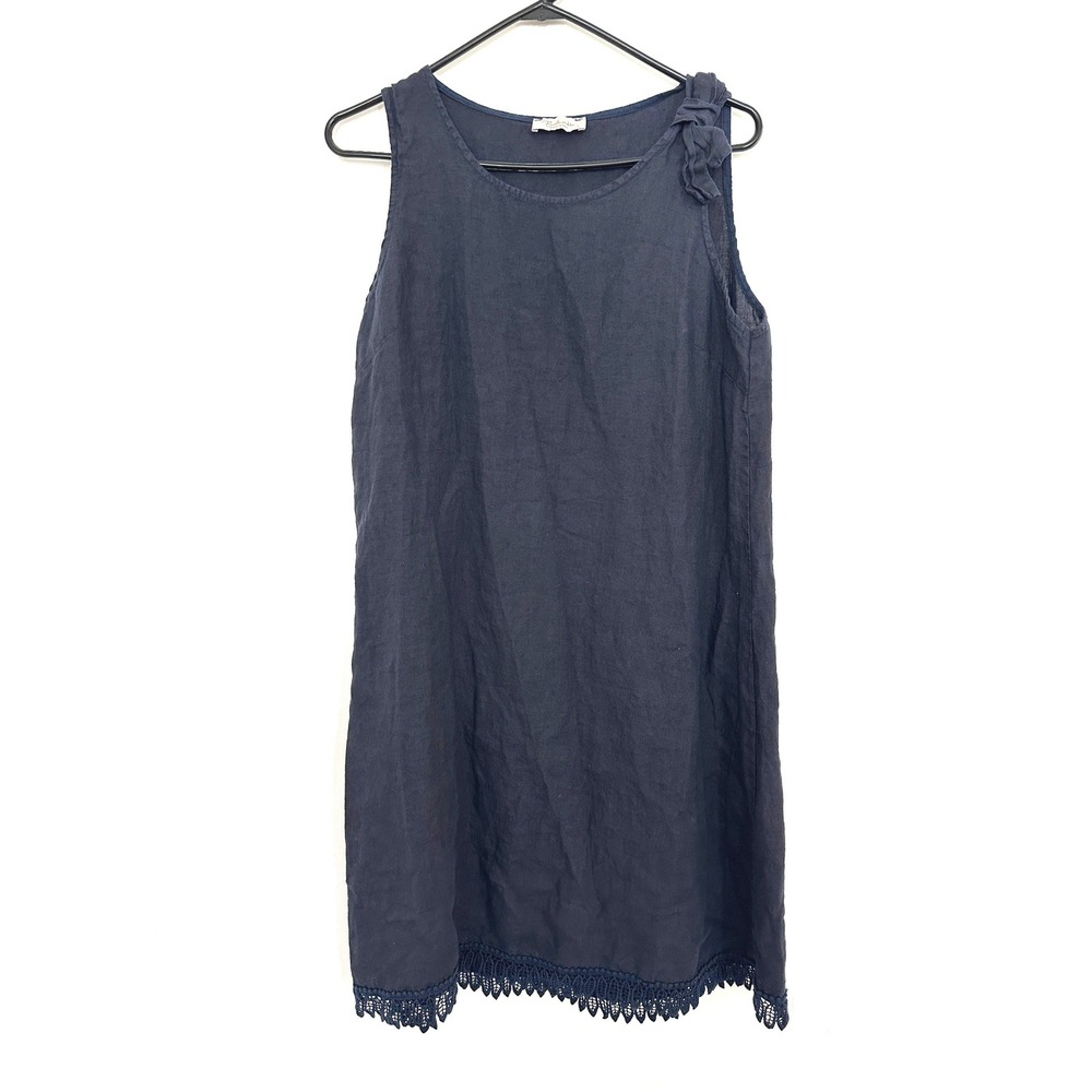 Bella Ambra Shift Dress Large Navy Blue Linen Lace Trim Lagenlook Coastal Bow